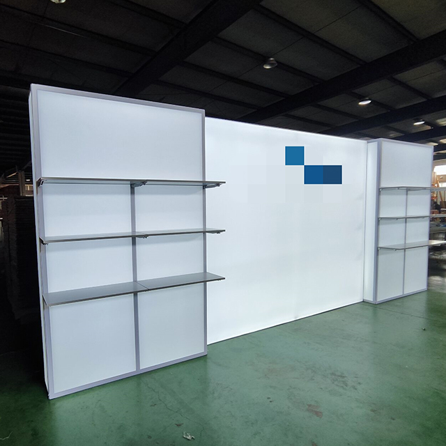 Reuse And Change Your Trade Fair Freestanding Layout with Backlit Storage, Wall-mounted Display Shelves Like MAGIC